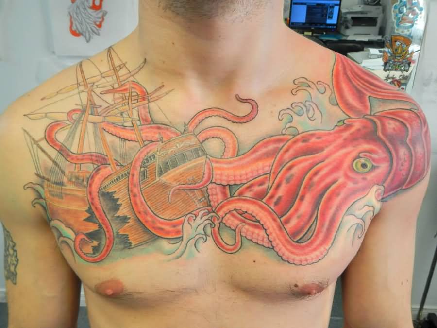 Kraken Attacking Ship Tattoo On Man Chest