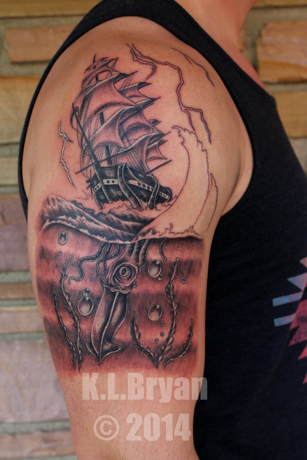 Kraken Attacking Ship Tattoo On Right Shoulder By Kenneth Bryan