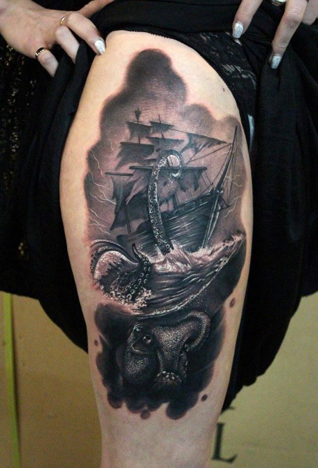 Kraken Attacking Ship With Anchor Tattoo On Girl Side Rib