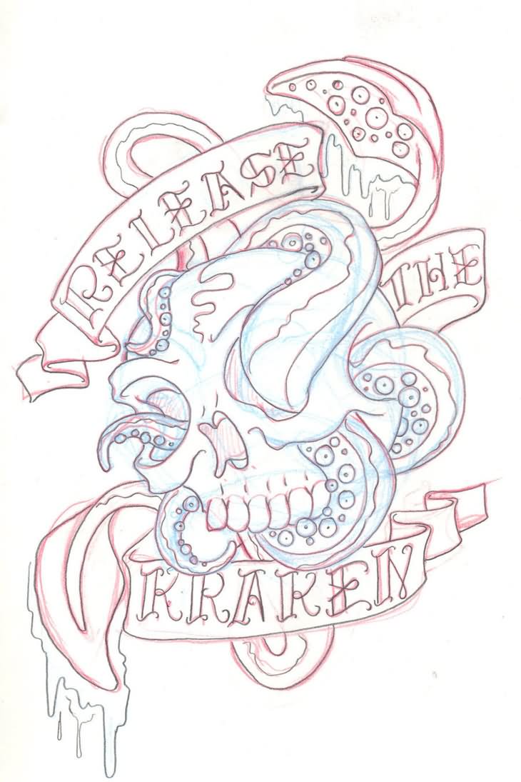 Kraken In Skull With Banner Tattoo Design By Jon Lew