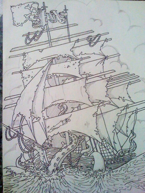 Kraken Pulling Ship Tattoo Design