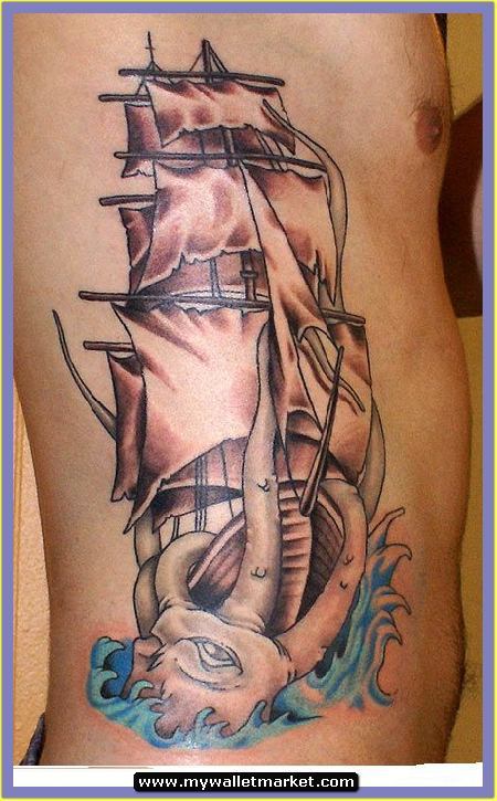 Kraken Pulling Ship Tattoo On Side Rib