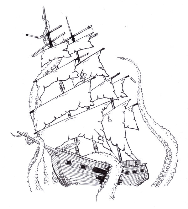 Kraken Pulling Ship Tattoo Stencil By KirstySuzanne