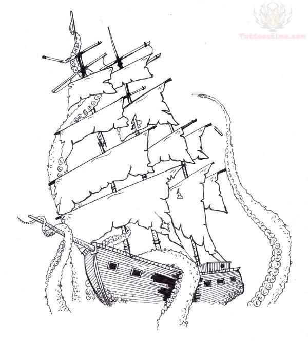 Kraken Pulling Ship Tattoo Stencil
