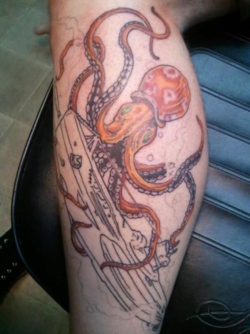 Kraken Tattoo On Leg Calf