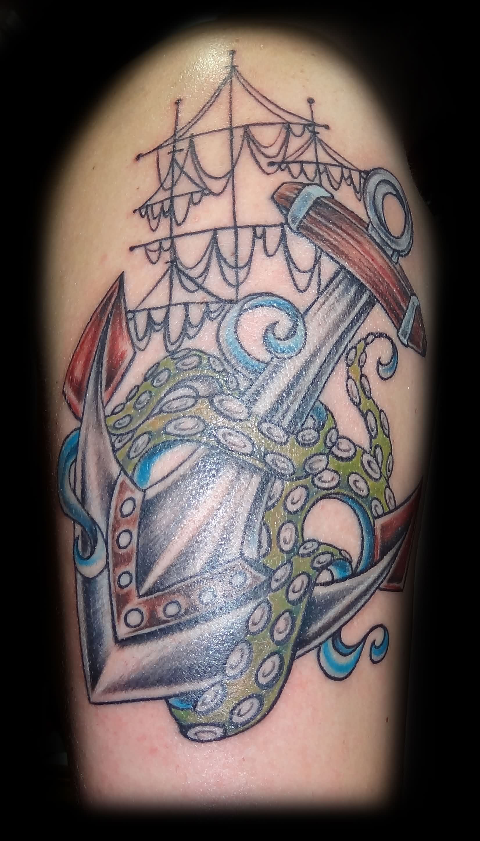 Kraken With Anchor Tattoo Design For Half Sleeve