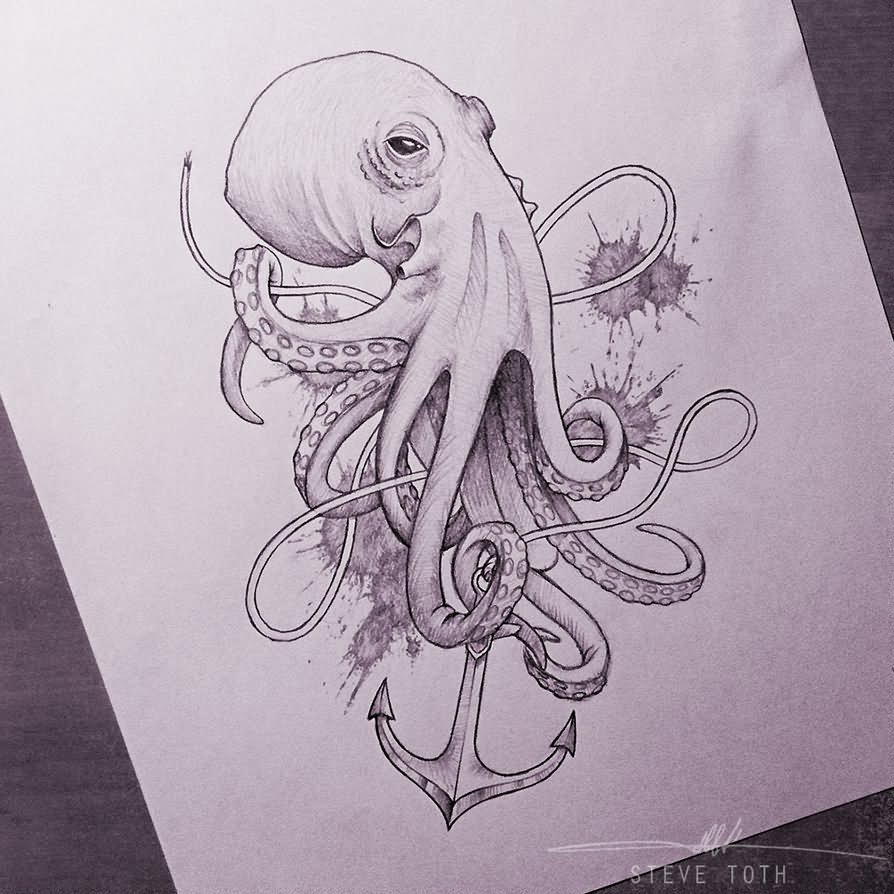Kraken With Anchor Tattoo Design