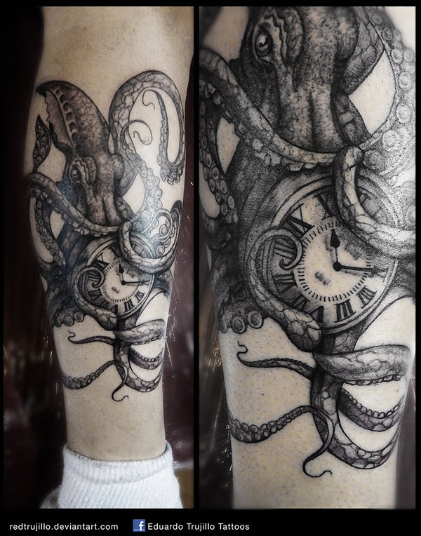 Kraken With Clock Tattoo On Leg