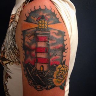 Left Shoulder Colored Lighthouse Tattoo