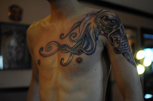 Left Shoulder Grey Octopus Tattoo