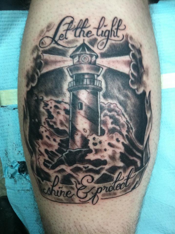 Let The Light Shine & Protect Banner And Lighthouse Tattoo On Back Leg