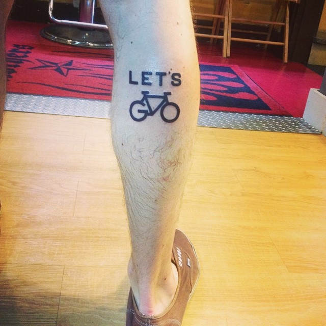 Let's - Black Bike Tattoo On Right Leg Calf