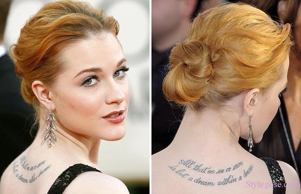 Lettering Tattoo On Celebrity Evan Rachel Wood Right Upper Back