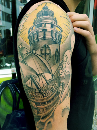 Lighthouse And Boat Tattoo On Half Sleeve by Mojoncio