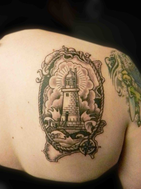 Lighthouse In Frame Tattoo On Right Back Shoulder