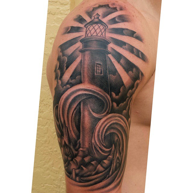 Lighthouse Tattoo On Man Right Half Sleeve