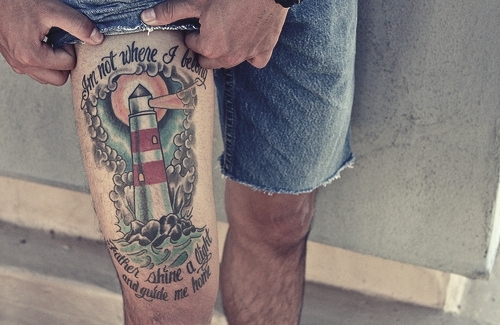 Lighthouse Tattoo On Right Thigh
