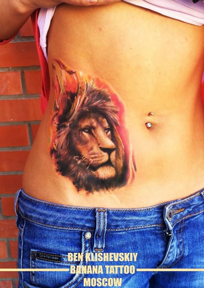 Lion Head Tattoo On Belly