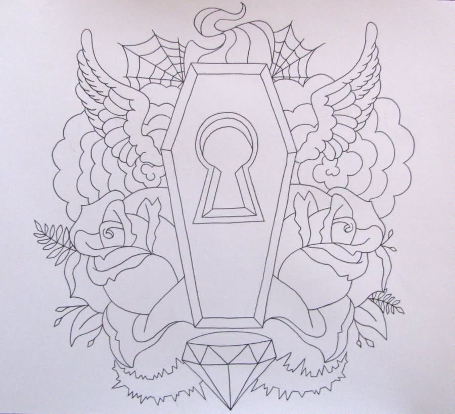Lock Key Outline Coffin Tattoo Design For Chest