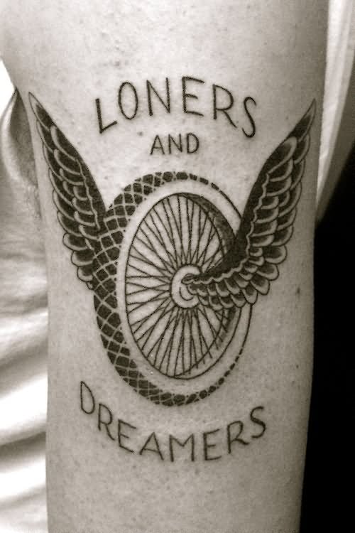 Loners And Dreamers - Black Ink Bike Wheel Wings Tattoo Design For Half Sleeve