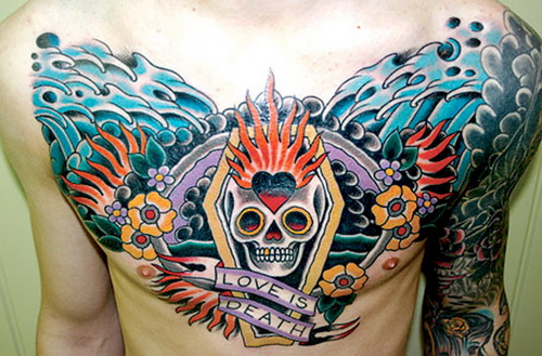 Love Is Death Banner And Coffin Tattoo On Chest