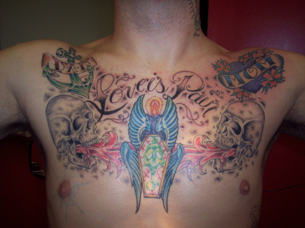 Love Is Pain - Blue Wings Coffin Tattoo On Chest For Men