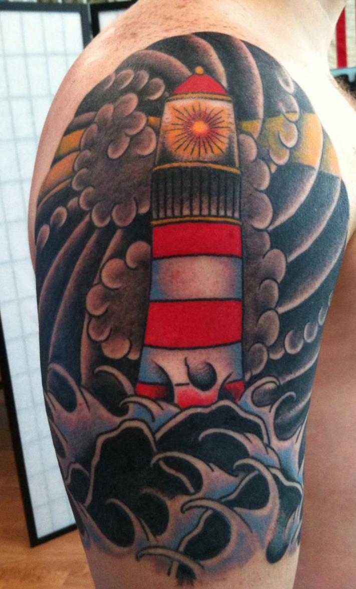 Man Right Half Sleeve Lighthouse Tattoo For Men