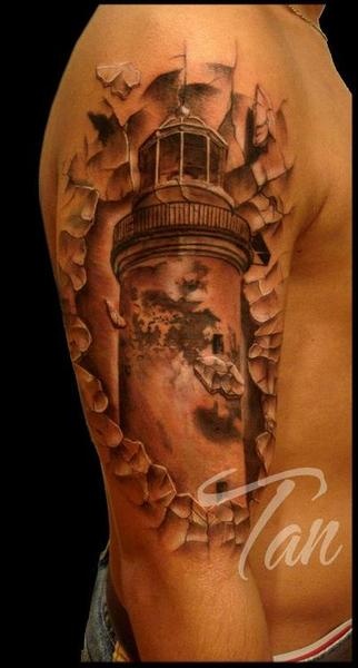 Man Right Half Sleeve Lighthouse Tattoo