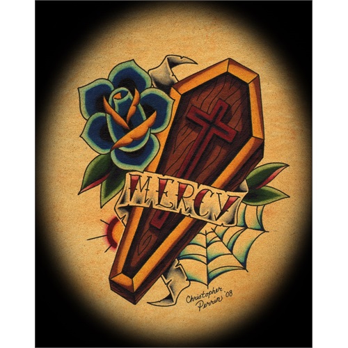 Mercy Banner With Coffin Tattoo Design