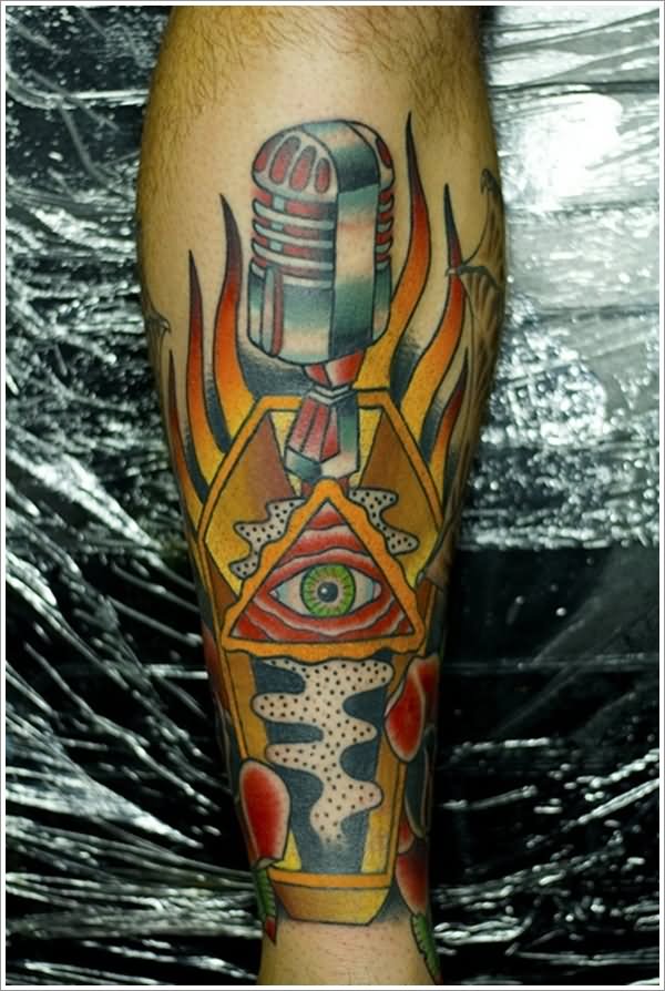 Mic And Coffin Tattoo On Leg Sleeve