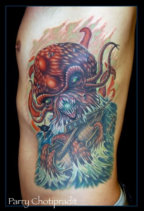Monster Kraken Attacking Ship Tattoo On Man Side Rib
