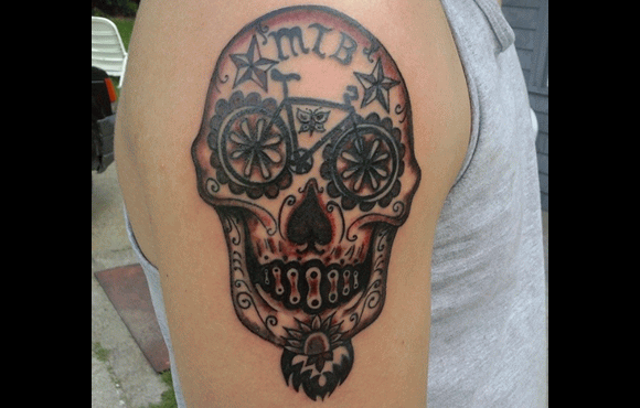 Mountain Bike In Sugar Skull Tattoo On Shoulder