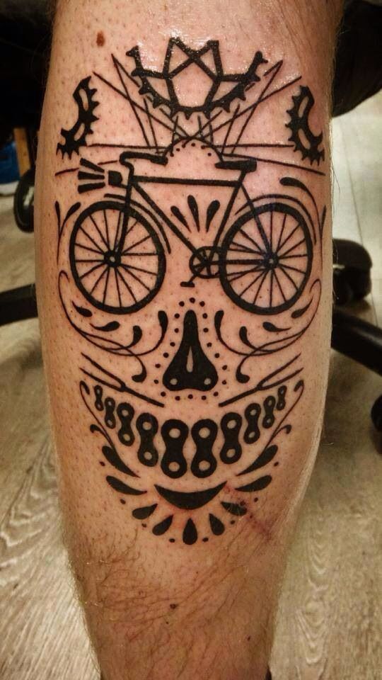 Mountain Bike Spare Parts In Skull Shape Tattoo On Leg