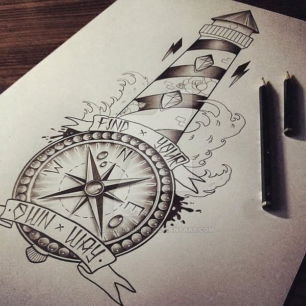 Nautical Compass And Lighthouse Tattoo Design