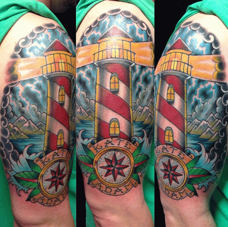 Nautical Compass And Lighthouse Tattoo On Right Half Sleeve