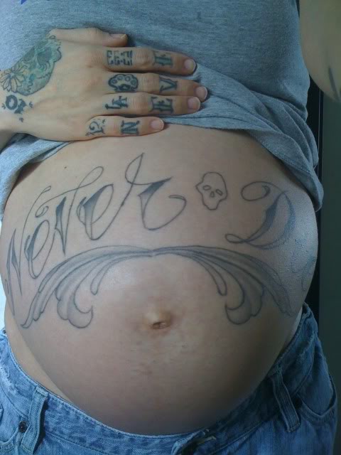 Never Die Lettering Tattoo On After Pregnancy Belly