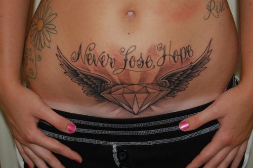Never Lose Hope - Diamond With Wings Tattoo On Belly