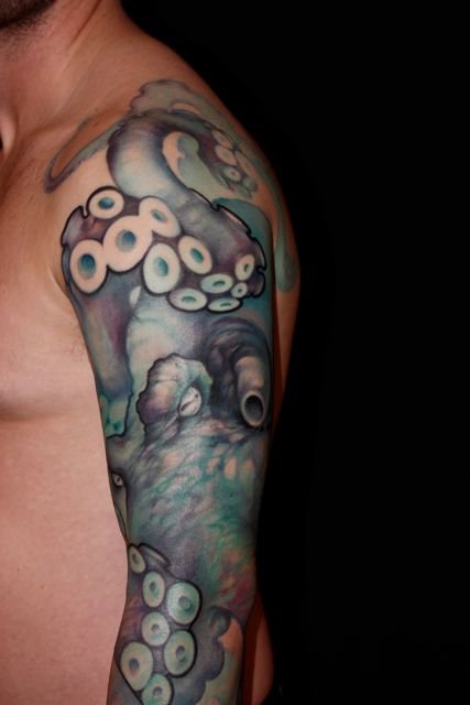 Nice Blue Ink Octopus Sleeve Tattoo For Men