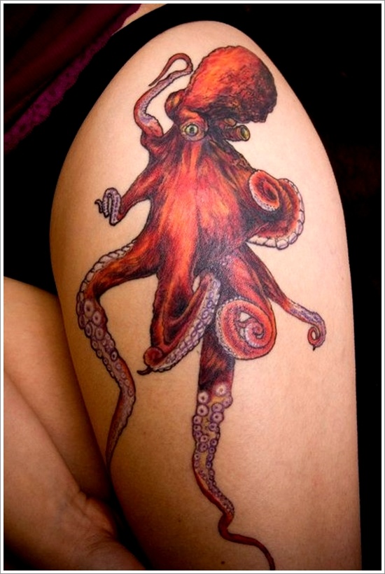 Nice Color Octopus Tattoo On Side Thigh For Girls