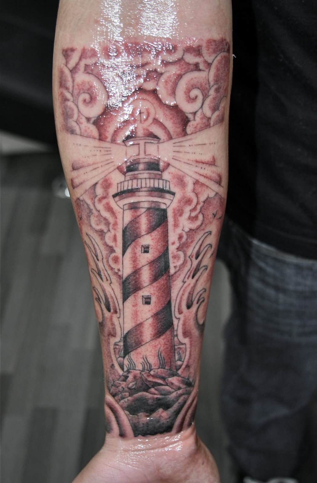 Nice Grey Lighthouse Tattoo On Forearm