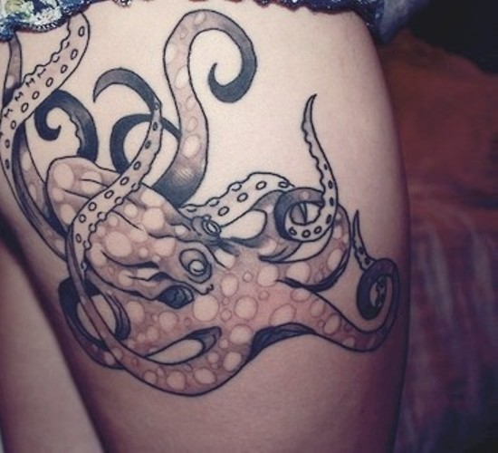 Nice Grey Octopus Tattoo On Side Thigh