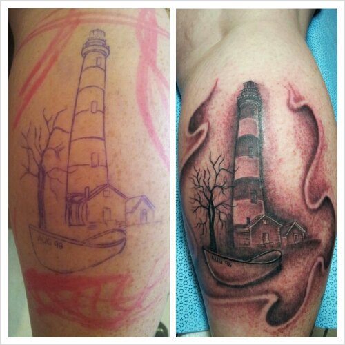 Nice Lighthouse Tattoo Design For Back Leg