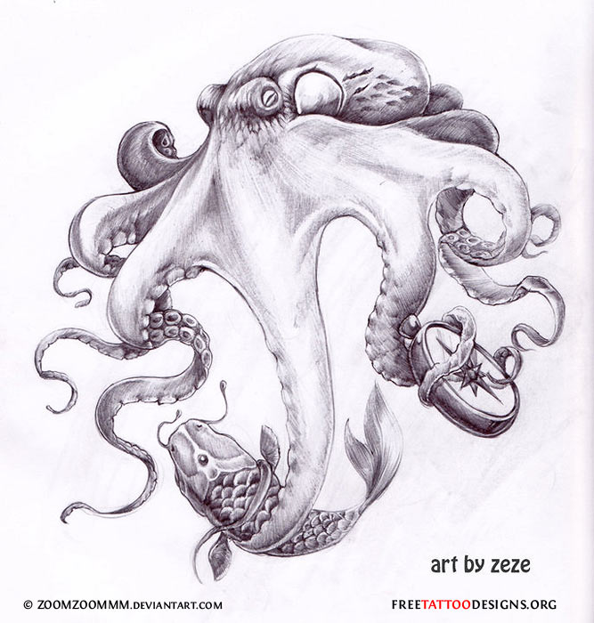 Octopus Catch Koi And Nautical Compass Tattoo Design