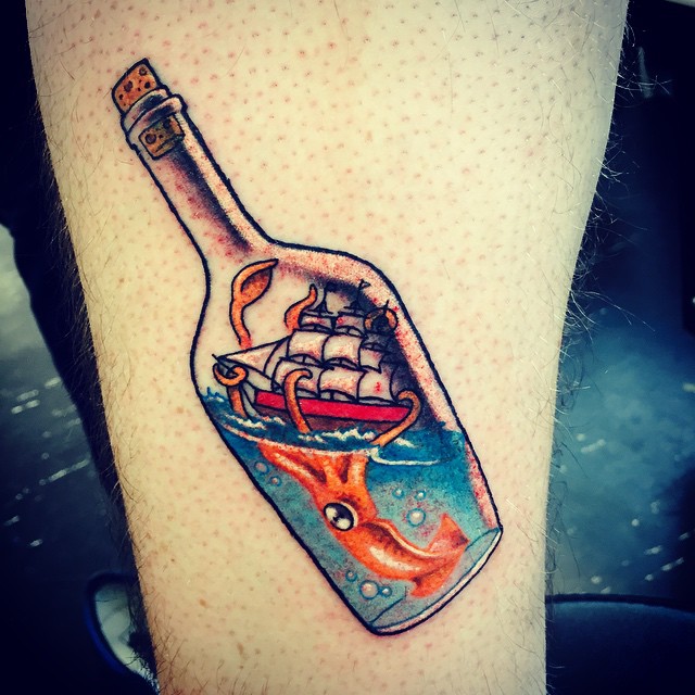 Octopus Ship In Bottle Tattoo by Kina Turner
