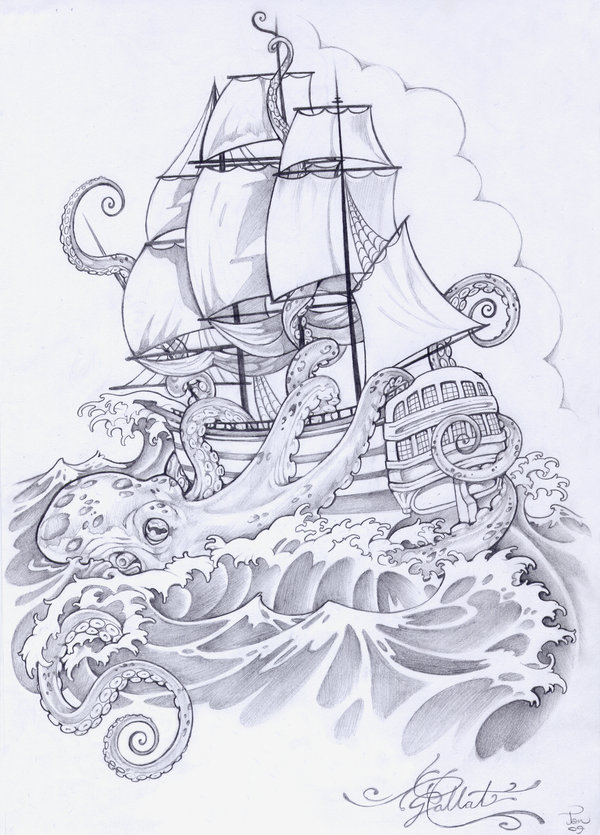Octopus Ship Tattoo Design by Pallat