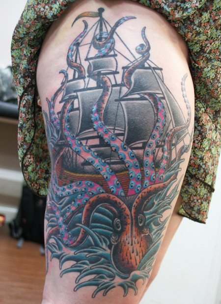 Octopus Ship Tattoo On Thigh For Women