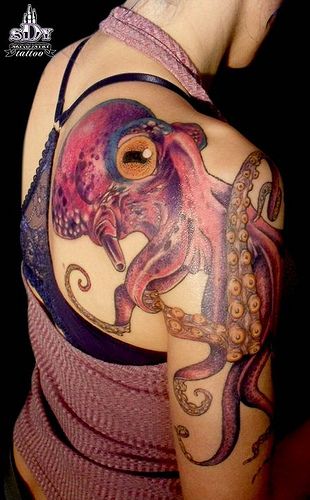 Octopus Tattoo On Girl Right Back Shoulder