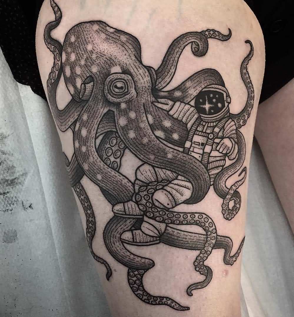 Octopus Tattoo On Thigh For Young Girls