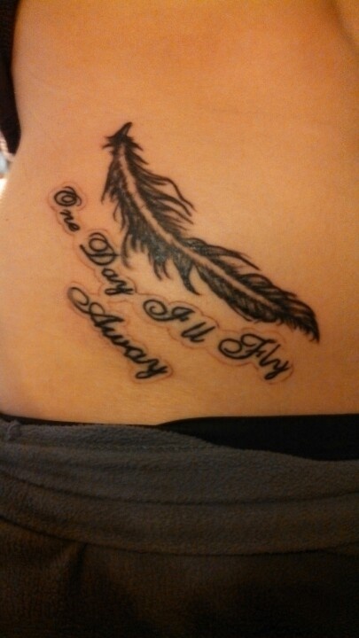 One Day I'll Fly Away - Black Feather Tattoo On Side Belly
