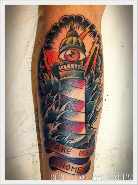 One Eye Lighthouse And Take Me Home Banner Tattoo On Arm